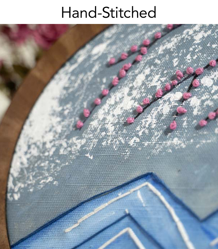 Pink Petals over Kashmirs' Mountains – Hand Embroidery Art for Wall Decor & Tabletop Display