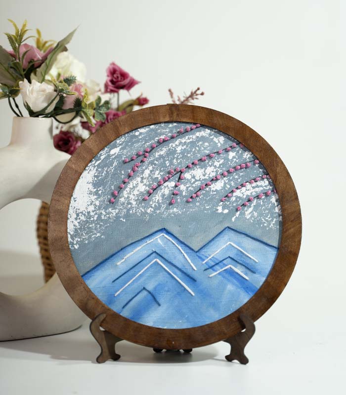 Pink Petals over Kashmirs' Mountains – Hand Embroidery Art for Wall Decor & Tabletop Display