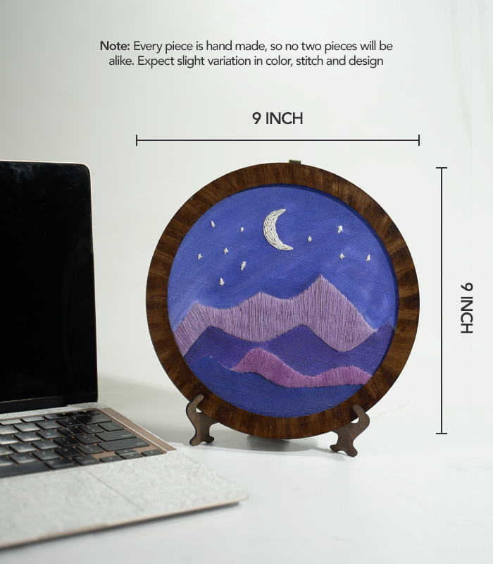 Moonlit Mountains – Hand Embroidery Art for Wall Decor & Tabletop Display