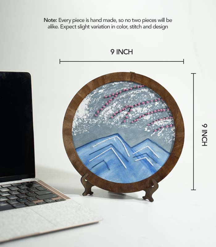 Pink Petals over Kashmirs' Mountains – Hand Embroidery Art for Wall Decor & Tabletop Display