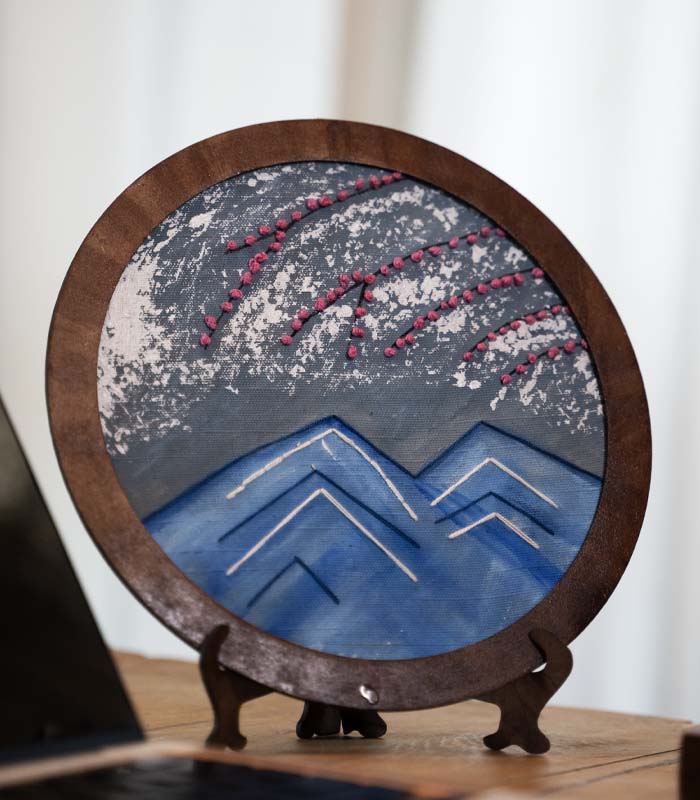 Pink Petals over Kashmirs' Mountains – Hand Embroidery Art for Wall Decor & Tabletop Display