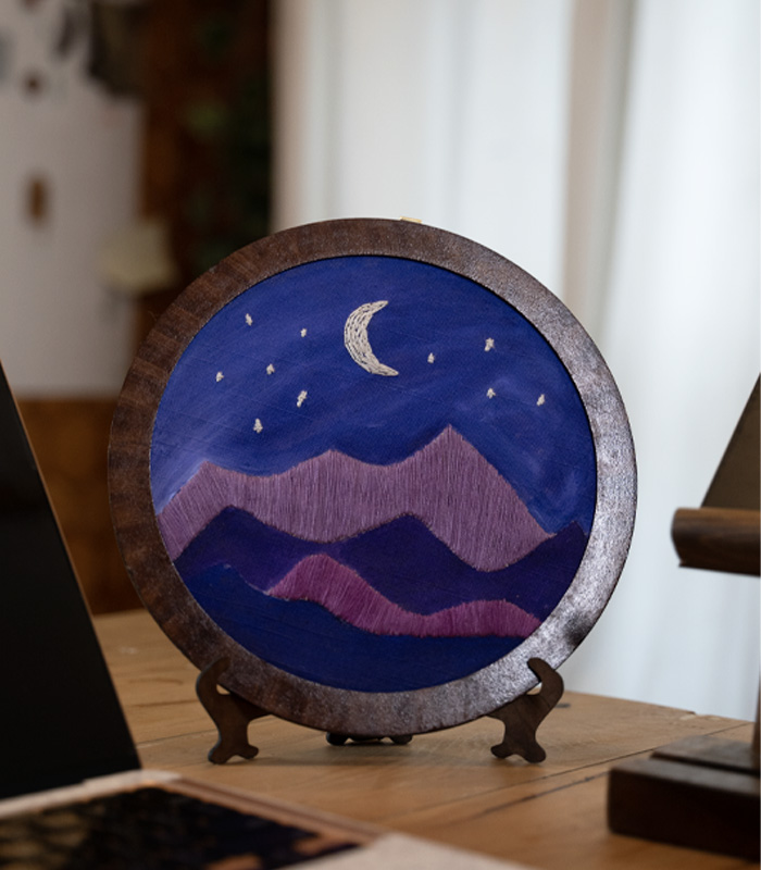 Moonlit Mountains – Hand Embroidery Art for Wall Decor & Tabletop Display