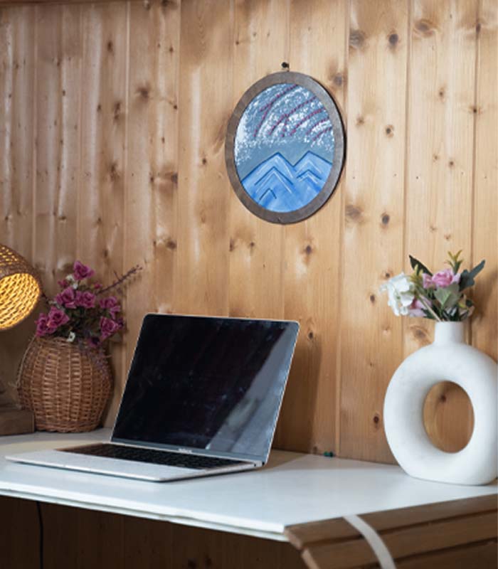 Pink Petals over Kashmirs' Mountains – Hand Embroidery Art for Wall Decor & Tabletop Display