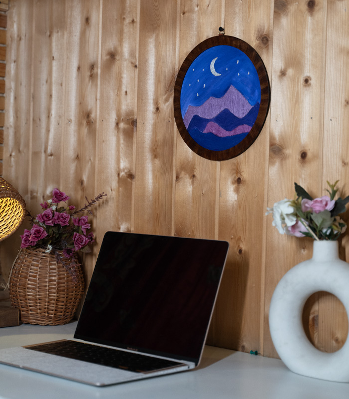 Moonlit Mountains – Hand Embroidery Art for Wall Decor & Tabletop Display