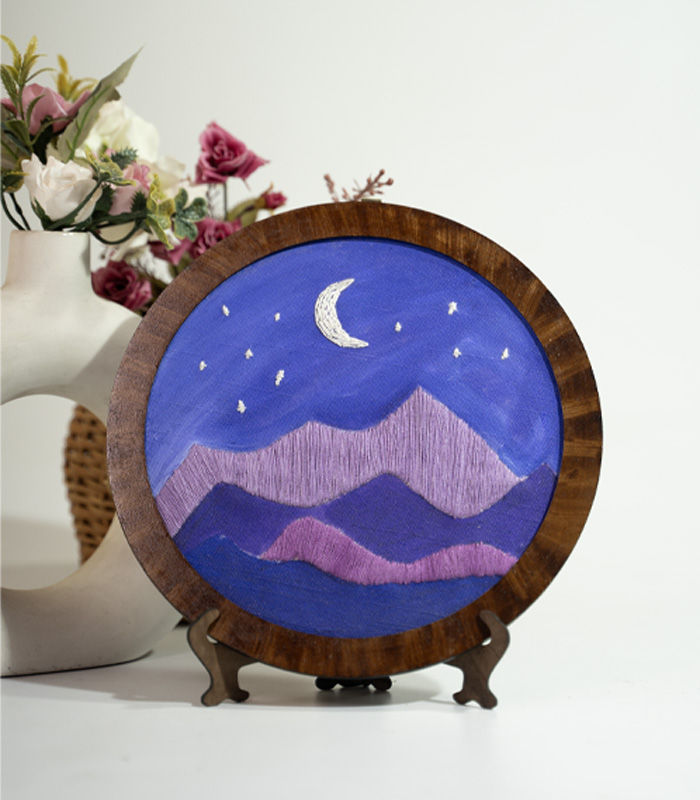 Moonlit Mountains – Hand Embroidery Art for Wall Decor & Tabletop Display