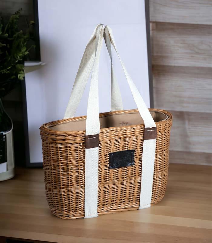 Willow Wicker Ladies Shoulder Bag – With White Cotton Strips and Lining