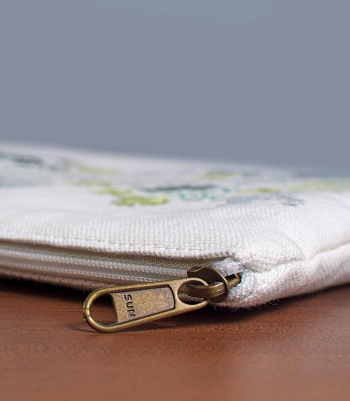 Hand Sozni Work Pure Cotton Make-Up Pouch - With Lining (Beige-Green) 4