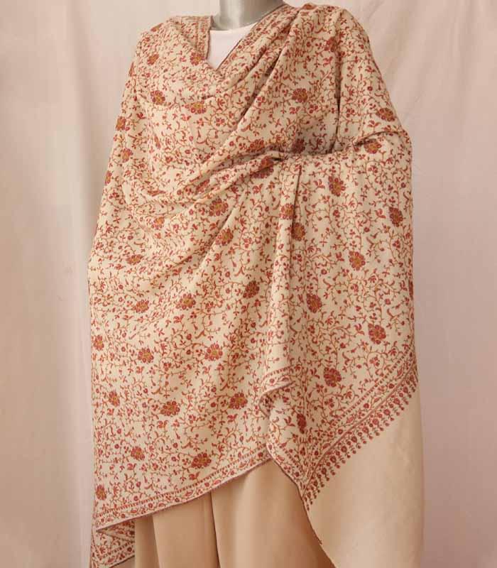 Natural Cream Jalidaar Hand Embroidered Kashmiri Pashmina Shawl
