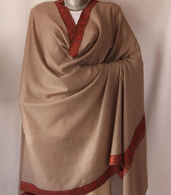 Tan Brown Toned Neemdor Hand Embroidered Kashmiri 100% Authentic Pashmina Shawl