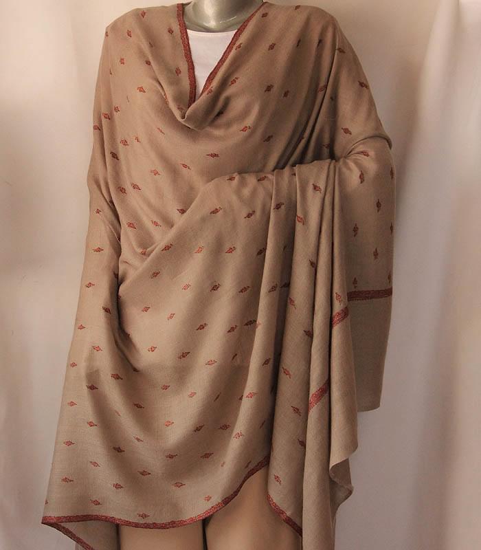 Natural-Brown Bootidaar Hashidaar Hand Embroidered Genuine Kashmiri Pashmina Shawl