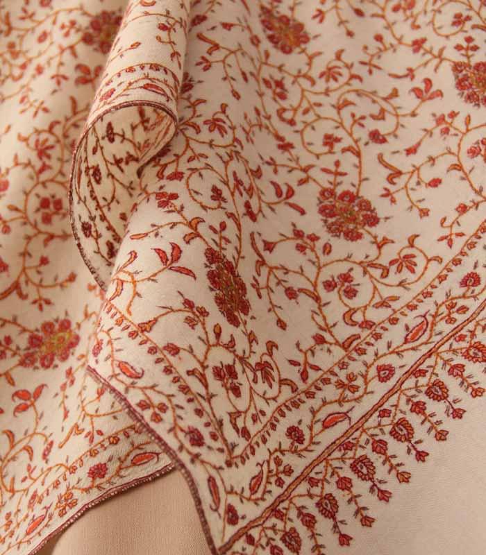 Natural Cream Jalidaar Hand Embroidered Kashmiri Pashmina Shawl