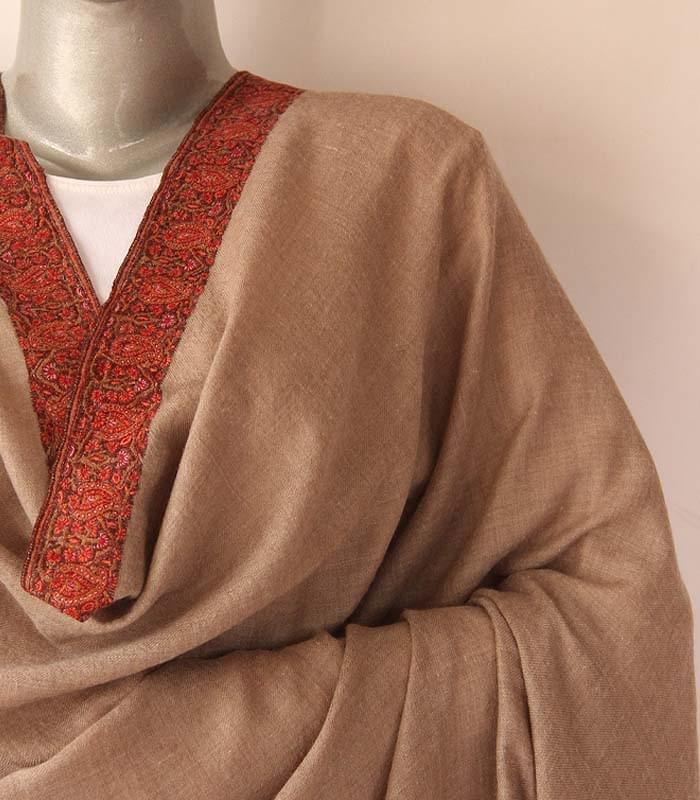 Tan Brown Toned Neemdor Hand Embroidered Kashmiri 100% Authentic Pashmina Shawl