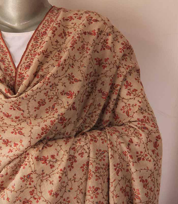 Natural-Cashmere Toned Jalidaar Hand Embroidered Kashmiri Real Pashmina Shawl