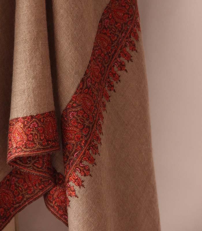 Tan Brown Toned Neemdor Hand Embroidered Kashmiri 100% Authentic Pashmina Shawl