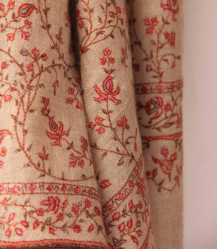 Natural-Cashmere Toned Jalidaar Hand Embroidered Kashmiri Real Pashmina Shawl