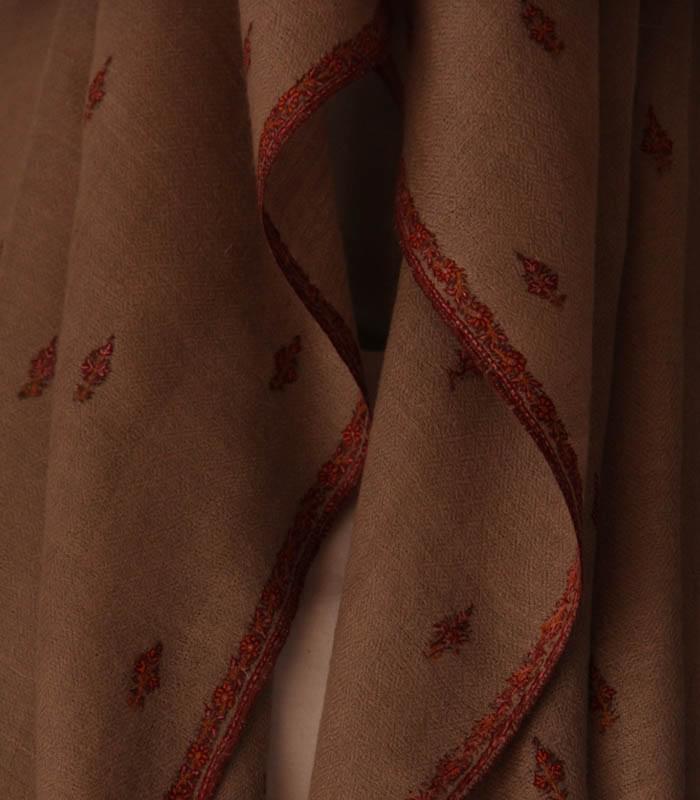 Natural-Brown Bootidaar Hashidaar Hand Embroidered Genuine Kashmiri Pashmina Shawl