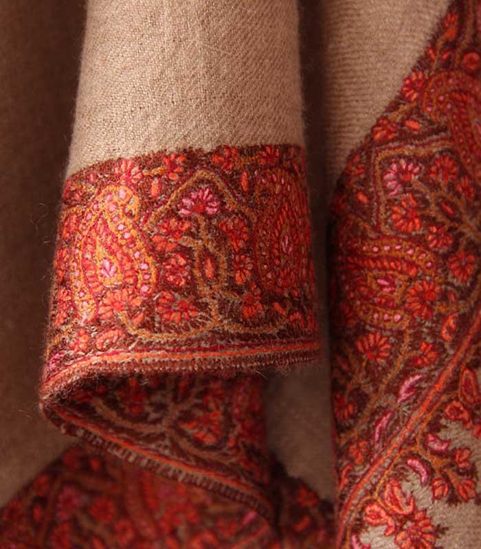 Tan Brown Toned Neemdor Hand Embroidered Kashmiri 100% Authentic Pashmina Shawl