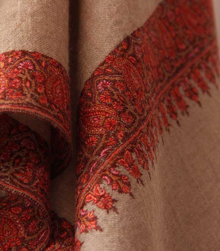 Tan Brown Toned Neemdor Hand Embroidered Kashmiri 100% Authentic Pashmina Shawl
