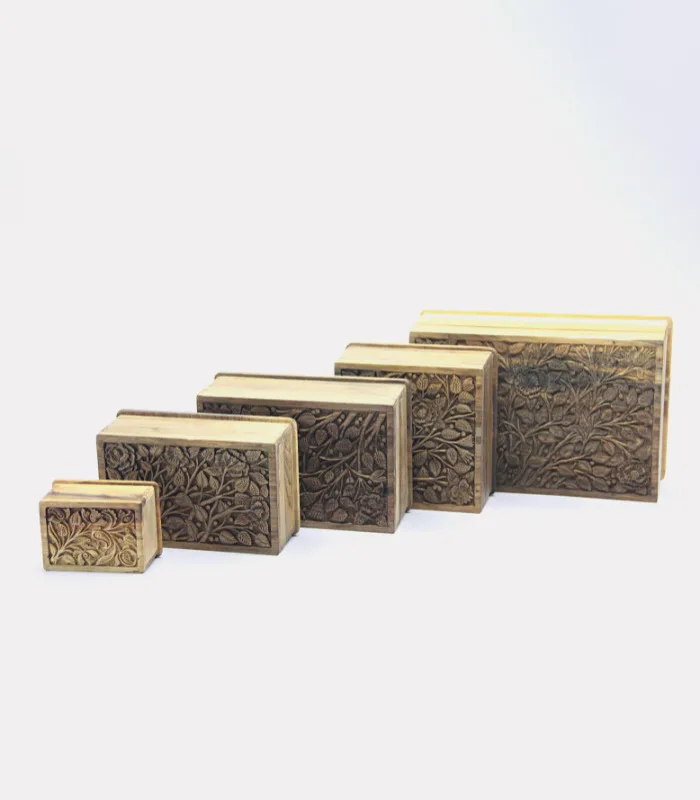 Real Walnut Wood Carved Boxes Chinar Design- Set Of 5