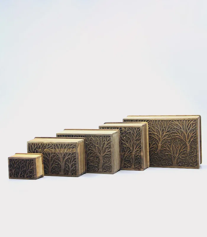 Real Walnut Wood Carved Boxes Tree Design- Set Of 5