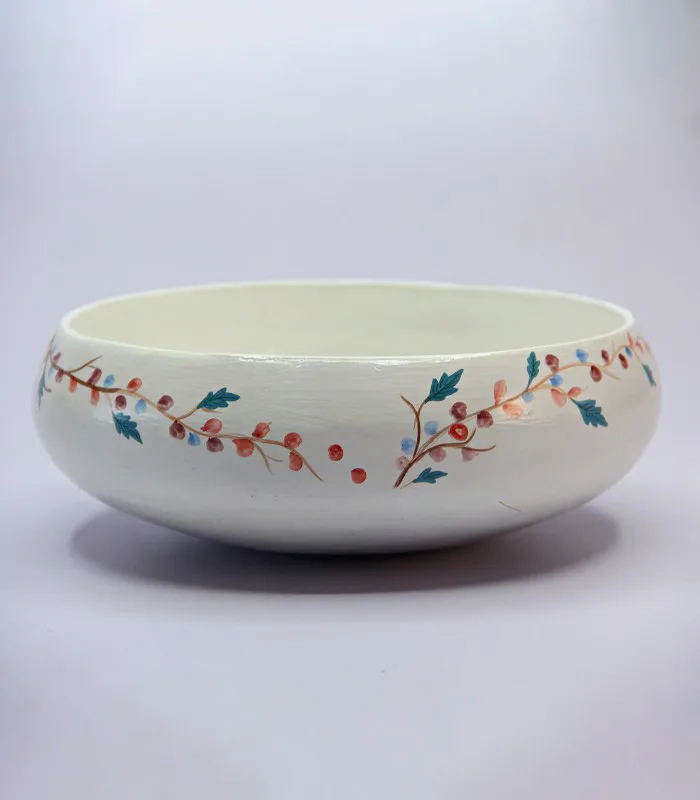 Paper Mache Round-White Minimal Floral Hand Painted Bowl