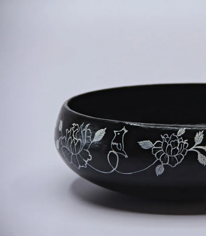 Paper Mache Round-Black and White Fine Floral Hand Painted Bowl