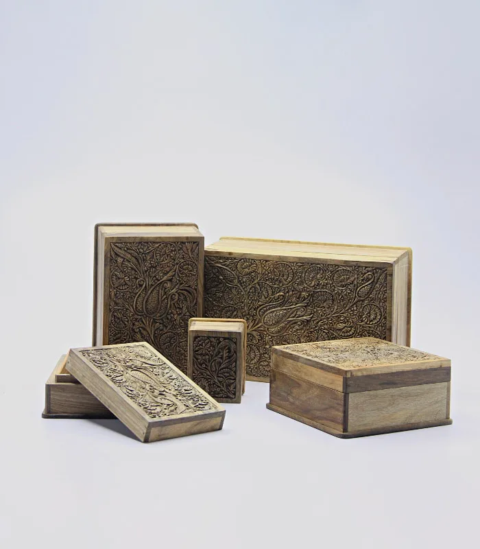 Real Walnut Wood Carved Boxes Floral Design- Set Of 5