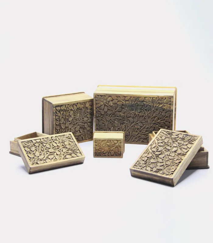 Real Walnut Wood Carved Boxes Chinar Design- Set Of 5
