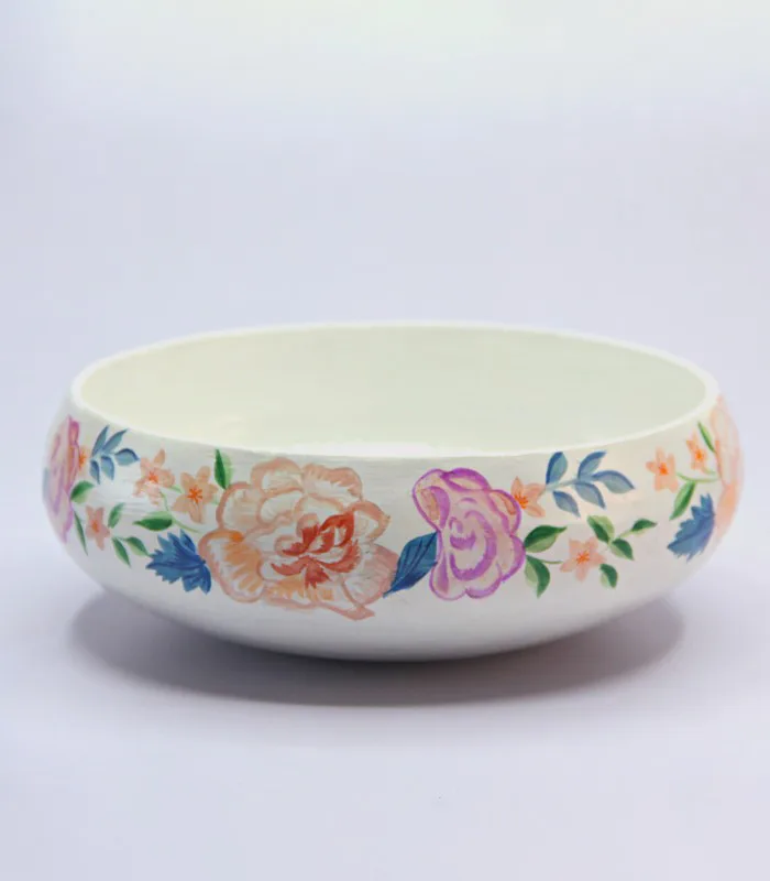 Paper Mache Round-White Garden Flowers Hand Painted Bowl