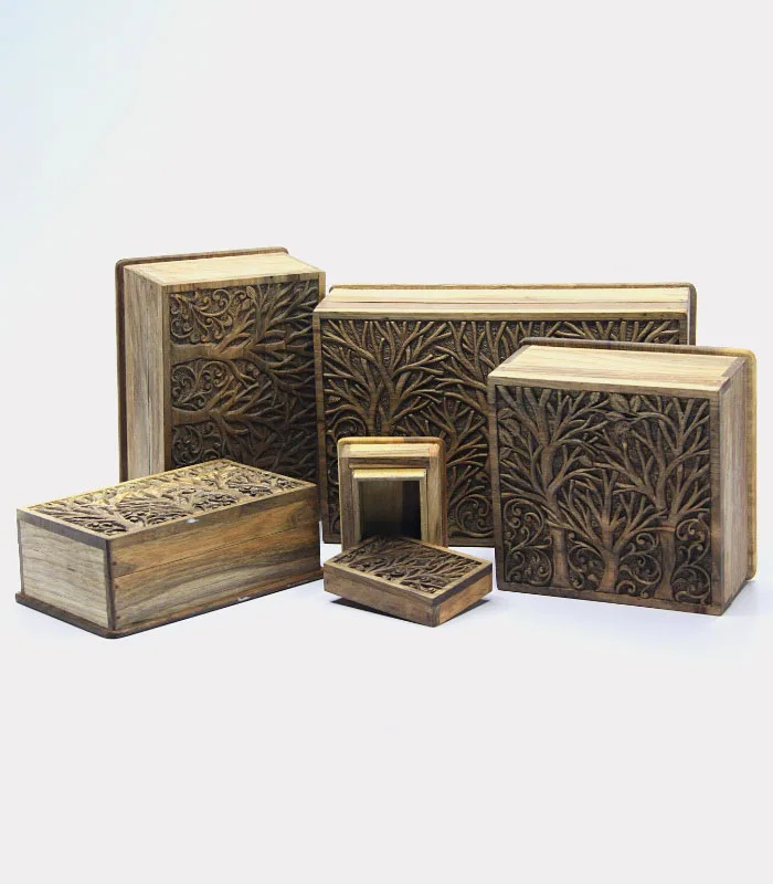 Real Walnut Wood Carved Boxes Tree Design- Set Of 5