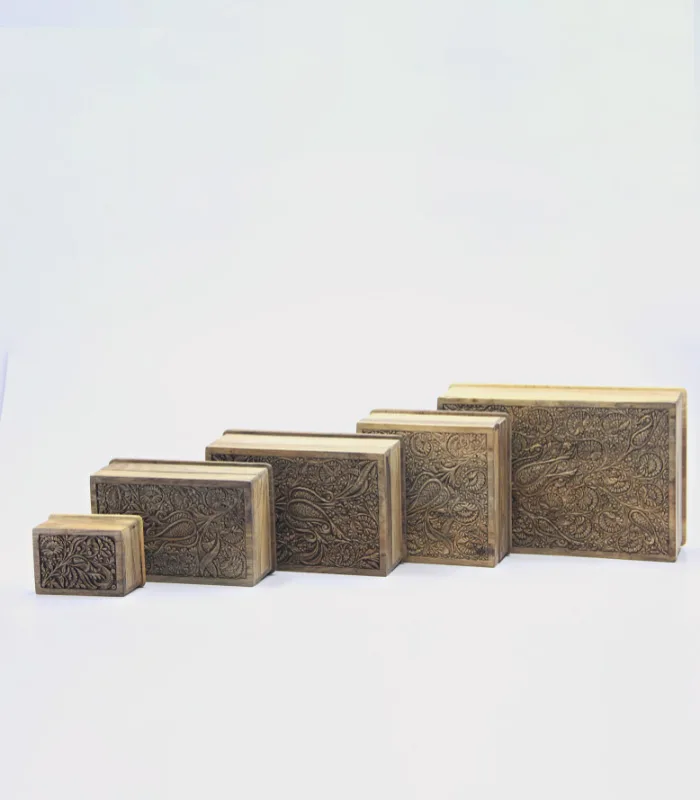 Real Walnut Wood Carved Boxes Floral Design- Set Of 5