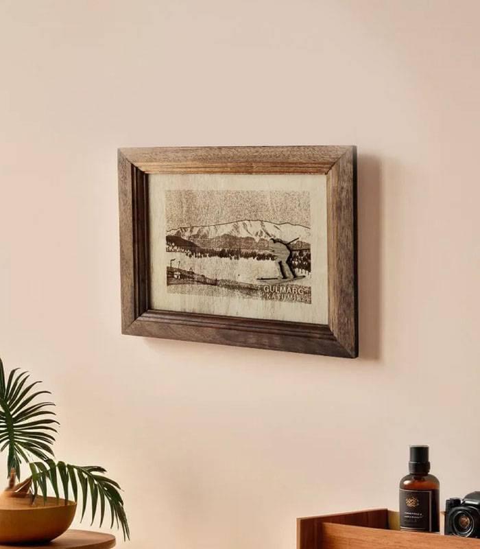 Skiman in Gulmarg Artwork - Walnut Wood Frame