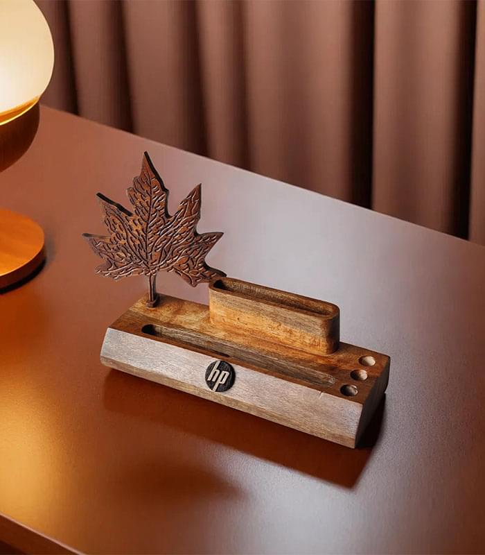 Walnut Wood Chinar Leaf Desk Organizer
