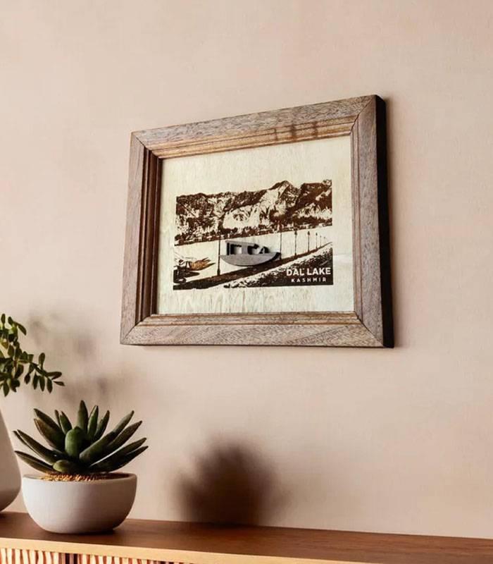Shikara in Dal Lake Artwork-Walnut Wood Frame