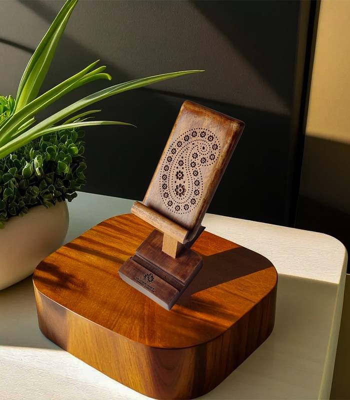 Walnut Wood Mobile Stand - Paisley design