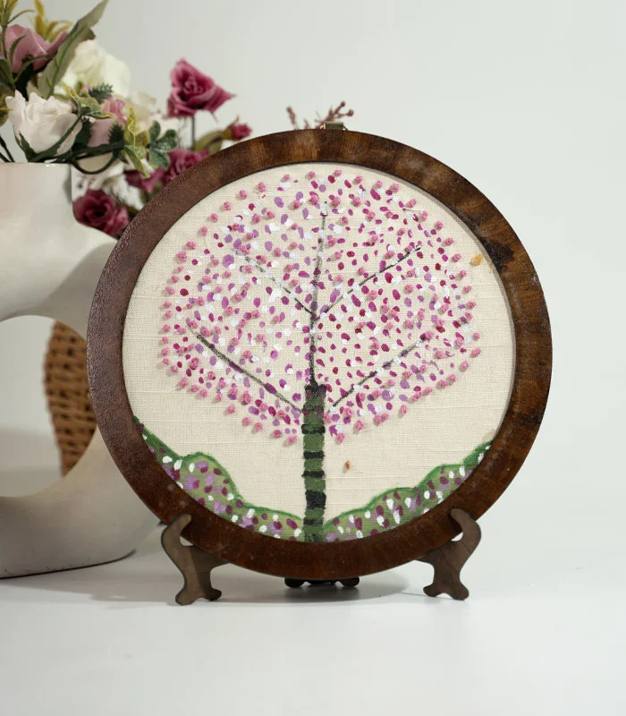 Kashmiri Cherry Bloom – Hand Embroidery Art for Wall Decor & Tabletop Display