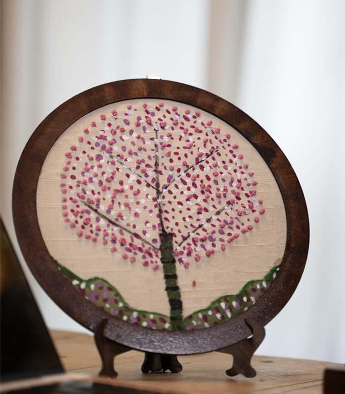 Kashmiri Cherry Bloom – Hand Embroidery Art for Wall Decor & Tabletop Display