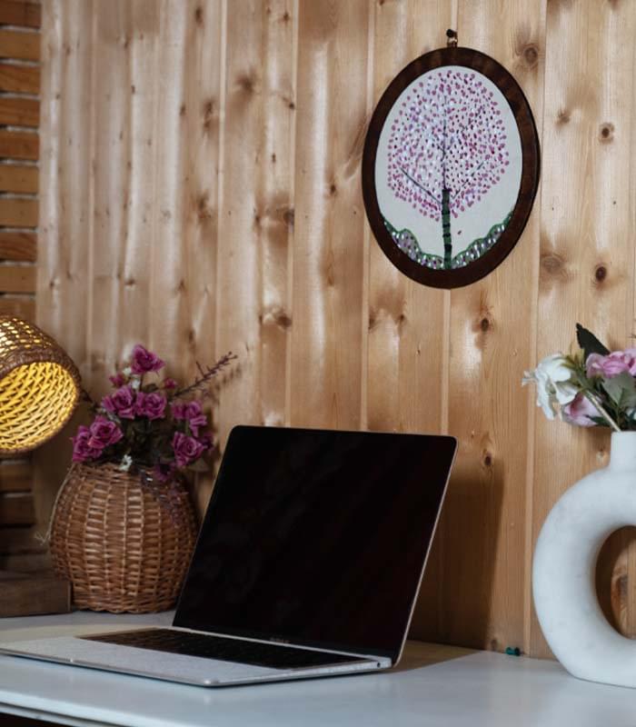 Kashmiri Cherry Bloom – Hand Embroidery Art for Wall Decor & Tabletop Display