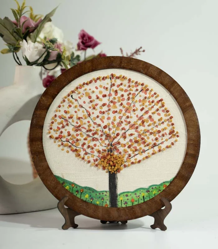 Golden Fall Tree – Hand Embroidery Art for Wall Decor & Tabletop Display